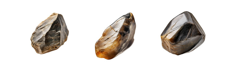 Aufkleber - Three isolated, rough, irregularly shaped stones with varying color tones of brown, gray, and black.