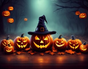 spooky orange pumpkins for halloween stand in a row on a dark background jack o lantern in a witch hat mystical fog creeps on the ground trick or treat