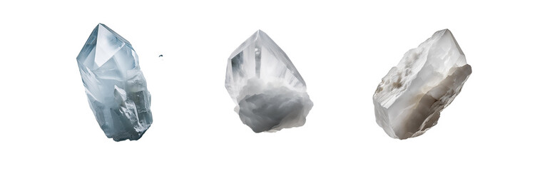Poster - Three isolated, crystalline quartz formations, displayed on a white background.