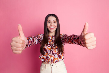 Poster - Photo portrait of teenager latin brunette girl in stylish glamour shirt showing two thumbs up rating isolated on pink color background