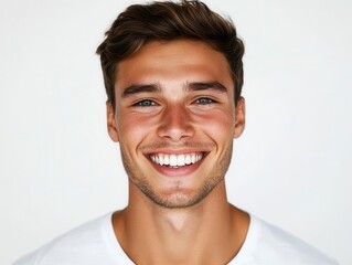 studio portrait of charismatic young man with perfect smile against white background. impeccable lighting accentuates his friendly expression and flawless teeth.