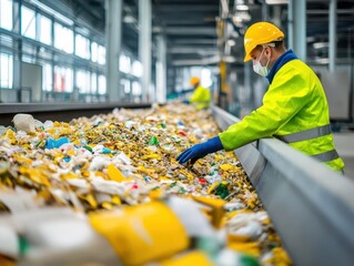 sustainable waste management facility showcasing workers sorting organic materials. highlights eco-friendly practices and the circular economy in action.