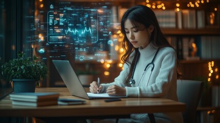 Doctor using laptop with futuristic healthcare interface in the evening