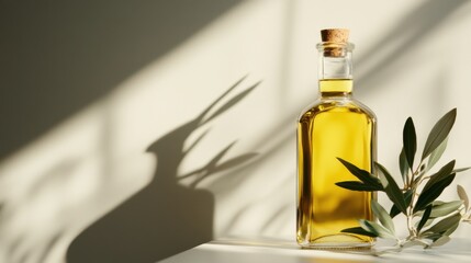 Wall Mural - Olive oil bottle with olive branch and shadow for kitchen decor and culinary design