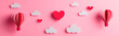 © Eva - Feliz día de San Valentín. Texto sobre fondo rosa con nubes recortadas y globos aerostáticos en forma de corazón. El diseño presenta un estilo minimalista y plano en color rojo.