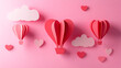 © Eva - Feliz día de San Valentín. Texto sobre fondo rosa con nubes recortadas y globos aerostáticos en forma de corazón. El diseño presenta un estilo minimalista y plano en color rojo.