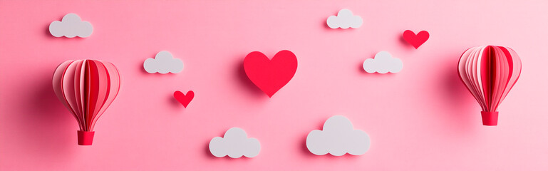 Feliz día de San Valentín. Texto sobre fondo rosa con nubes recortadas y globos aerostáticos en forma de corazón. El diseño presenta un estilo minimalista y plano en color rojo. 