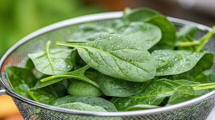 Wall Mural - Fresh spinach leaves in colander with water drops for culinary and health use