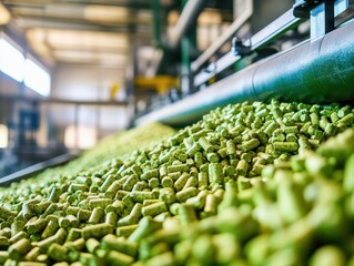 close-up view of vibrant green wood pellets cascading into a biomass furnace, emphasizing renewable energy and sustainable practices in a modern industrial setting