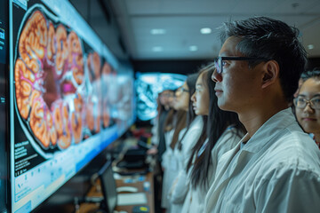 A diverse group of medical students focuses intently on intricate diagnostic images displayed on a lightbox in a dimly lit laboratory