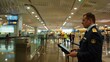 © 楠 刘 - Border control officer scanning passport with electronic reader at airport security checkpoint. Traveler waiting nervously. Modern terminal interior showcases high-tech security procedures and interna