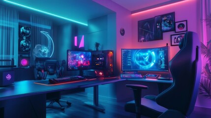 Poster - a futuristic gaming room with a powerful computer setup, neon lights casting cool tones, ai-driven v