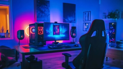Poster - a futuristic gaming room with a powerful computer setup, neon lights casting cool tones, ai-driven v