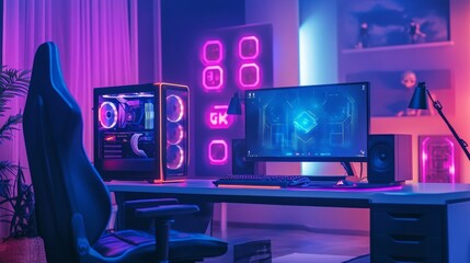 Poster - a futuristic gaming room with a powerful computer setup, neon lights casting cool tones, ai-driven v