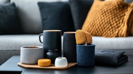 Contemporary living room with decorative knitted elements and ceramic containers on a wooden tray, featuring gray and mustard color accents on a black coffee table.