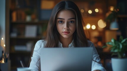 Poster - A woman is sitting at a desk with a laptop in front of her
