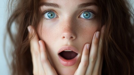 Surprised expression of a young woman with bright blue eyes for beauty and lifestyle concepts