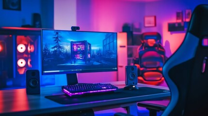 Poster - High-end gaming computer on a sleek desk, neon purple and blue lights illuminating the room, futuristic gaming chair in the background