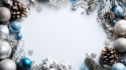 festive Christmas frame featuring sparkling silver and blue ornaments, pinecones, and snowflakes, perfect for holiday greetings and celebrations