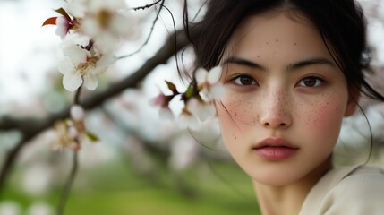 Spring portrait of young woman with freckles and blossoms - beauty and nature concept