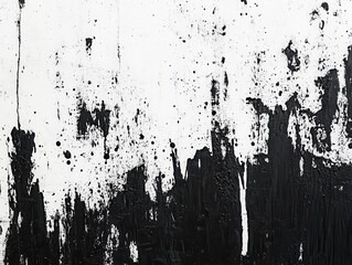 dramatic black paint splashes on a stark white canvas, creating a striking black and white grunge texture, evoking a raw, artistic expression with an edgy, urban vibe