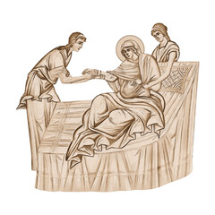 Nativity of the Blessed Virgin Mary. Vintage religious illustration in Byzantine style isolated