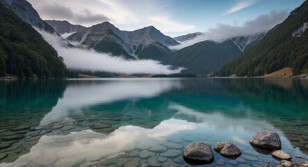 Canvas Print - Serene lake surrounded by misty mountains with crystal clear waters reflecting the sky