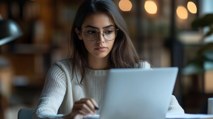 Poster - A woman wearing glasses is sitting at a table with a laptop open in front of her