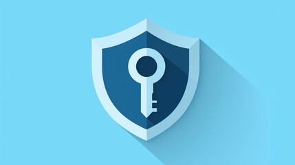 Poster - A modern flat-design shield with a key in the center, symbolizing data protection, security, and encryption. The light blue background enhances the theme of trust, privacy, and safety in digital 