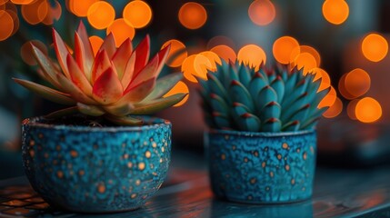 A beautifully composed image depicting two succulent plants in decorative blue pots set against a warm, bokeh-filled background, highlighting vibrant colors and intricate pot textures