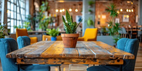 Wall Mural - A beautifully designed cozy workspace featuring modern chairs, a rustic wooden table, and a central potted plant, creating an inviting atmosphere