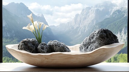 Poster - Elegant Asymmetrical Wooden Vase with Minimalist Flowers