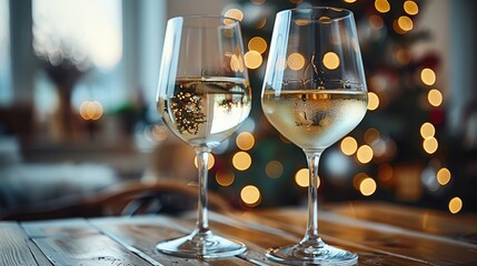 Two elegantly filled wine glasses with a festive and warm illuminated background, creating a cozy and celebratory ambiance perfect for holiday gatherings