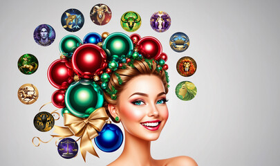 Wall Mural - funny astrology illustration of smiling jolly woman with christmas decoration balls in hair and zodi