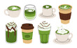 © tanyabosyk - Japan matcha latte set. Flat cartoon illustration of matcha drinks. Matcha latte with foam art, heart, rabbit, flower. Green matcha in various cups.