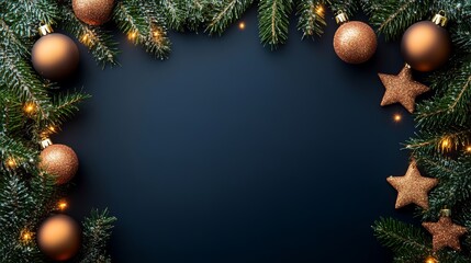 Christmas or New Year greeting card, holiday dark background with ornament minimal composition.