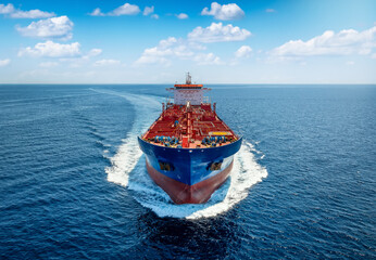 Aerial front view of a heavy crude oil tanker traveling with speed over the ocean