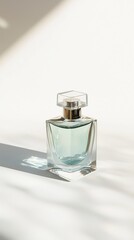 Poster - elegant glass perfume bottle with a light blue liquid highlighted by soft natural light in a serene 