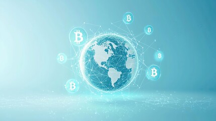 Poster - Global Bitcoin Network: A stylized illustration of the Earth encased in a network of interconnected lines, symbolizing the global reach of the Bitcoin cryptocurrency. Surrounding the globe.
