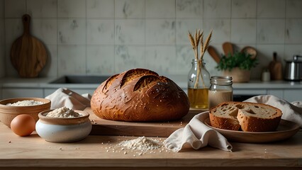 Freshly Baked Bread on a Modern Kitchen Counter with Ingredients: A Cozy and Warm Culinary Scene