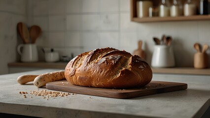 Freshly Baked Bread on a Modern Kitchen Counter with Ingredients: A Cozy and Warm Culinary Scene