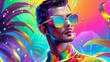 © Natasha  - Vibrant portrait of a man in neon sunglasses amidst colorful abstract jungle.