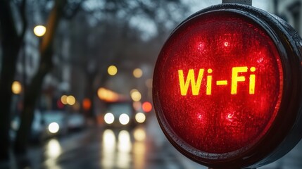 An urban street scene on a rainy evening with a prominent red Wi-Fi sign in the foreground, blurred car headlights, and a background of trees and buildings