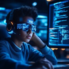 Poster - Young Programmer Immersed in Virtual Reality, Programming Code on Screen in Futuristic Setting
