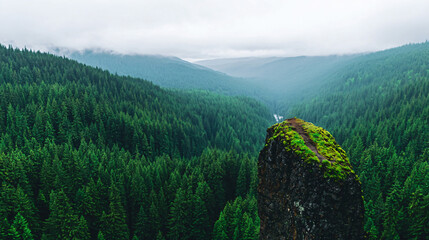 Dramatic mountain peak covered in green moss, overlooking a vast, dense forest with rolling hills fading into mist.