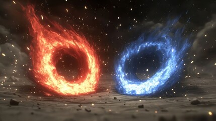 Two swirling orbs of red and blue flames collide, creating an explosive visual effect.