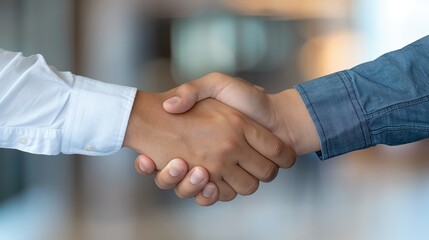 Close-up of a professional handshake between two people, signifying business agreement and partnership in a corporate setting.