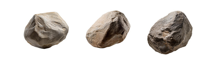 Aufkleber - Three isolated stones of varying shapes and shades of brown on a white background.