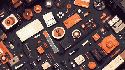 A busy, colorful pattern of various objects, including a ruler, a camera, and a gear.