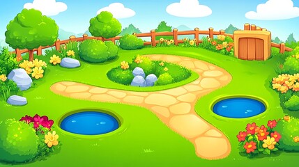 A charming cartoon landscape with a winding pathway, two ponds, a wooden gate and lush greenery.